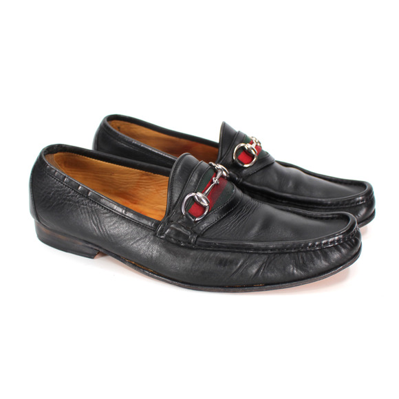 GUCCI Black Leather Web Silver Horsebit Loafers 11 Slip On Italian Almond Shoes - Picture 1 of 7
